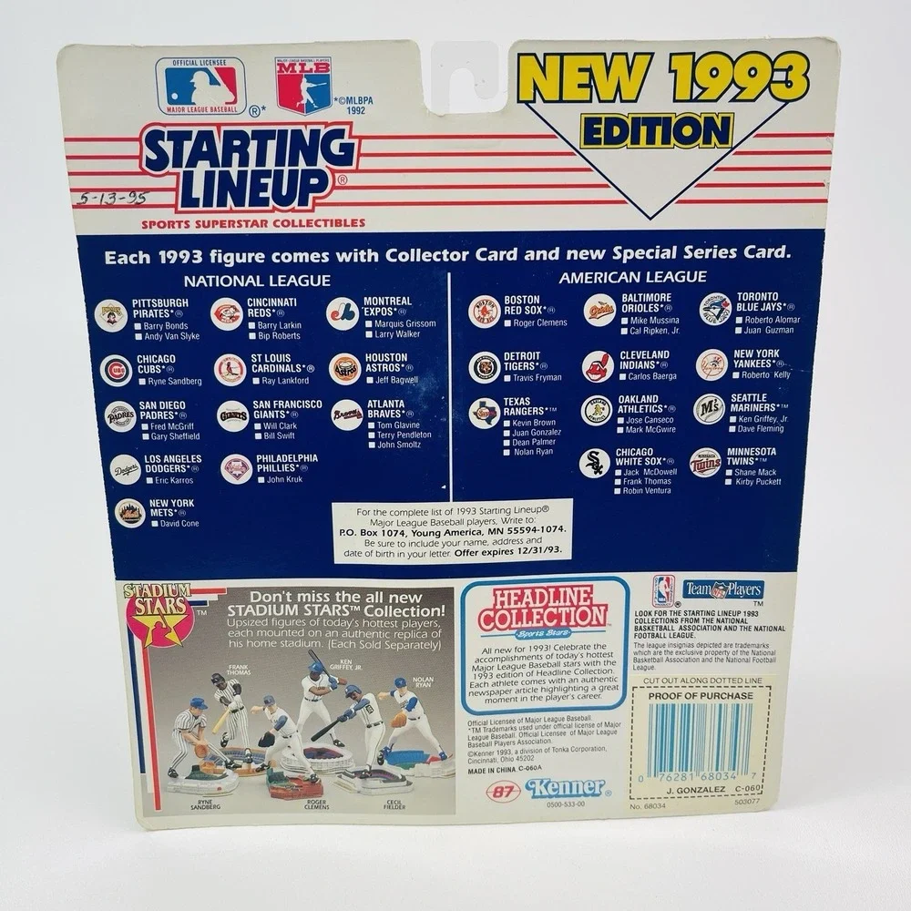 1993 Starting Lineup Juan Gonzalez Texas Rangers Sluggers